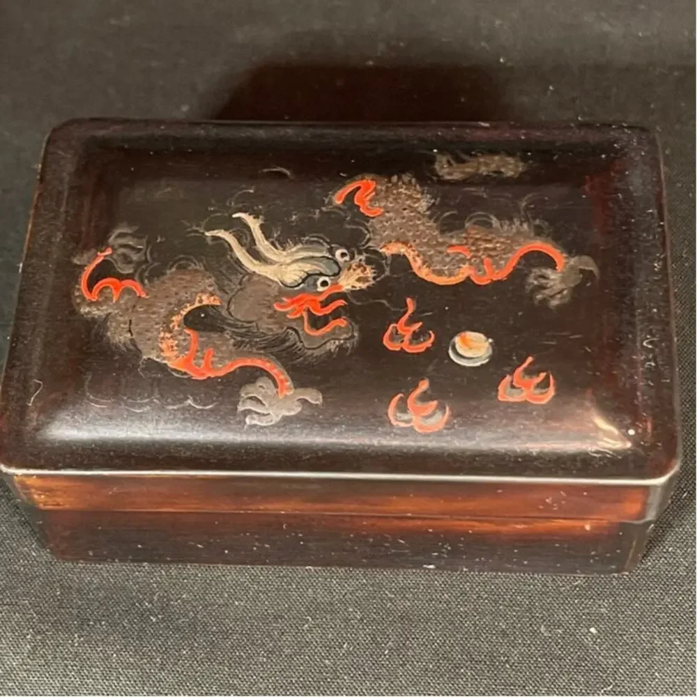 Vintage Japanese Lacquer Dragon Trinket Box | Black & Red Hand Painted Box